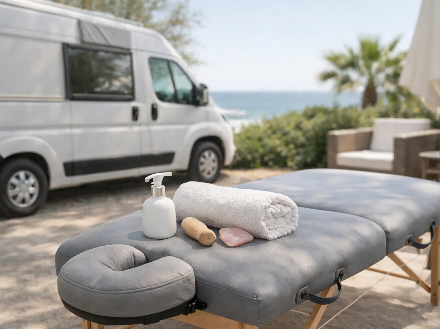 A massage table set up outdoors next to a camper van.