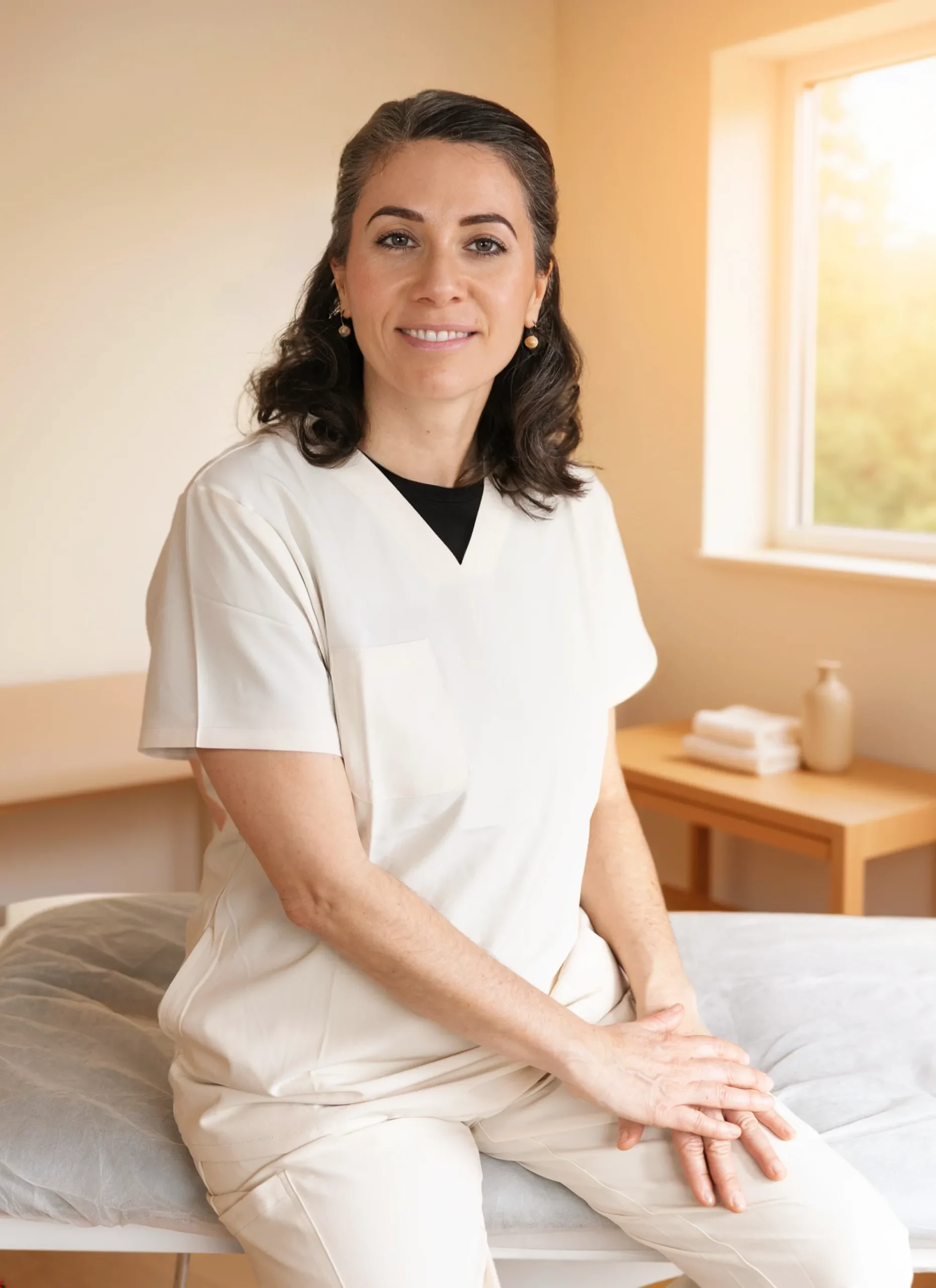 A portrait of physical therapist Gemma Fernández sitting in her treatment room.